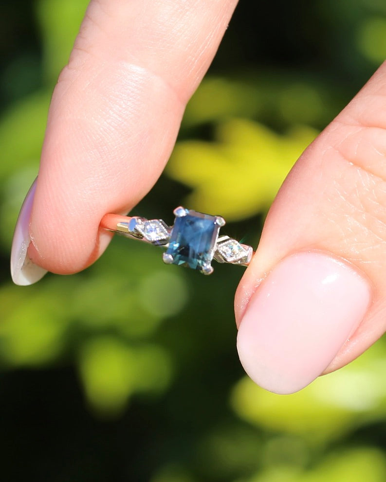 1.09ct Emerald Cut Teal Australian Sapphire With Diamonds in Vintage Trilogy Setting, 9ct Yellow and White Gold, size N1/2 or 6.75, 2.05g