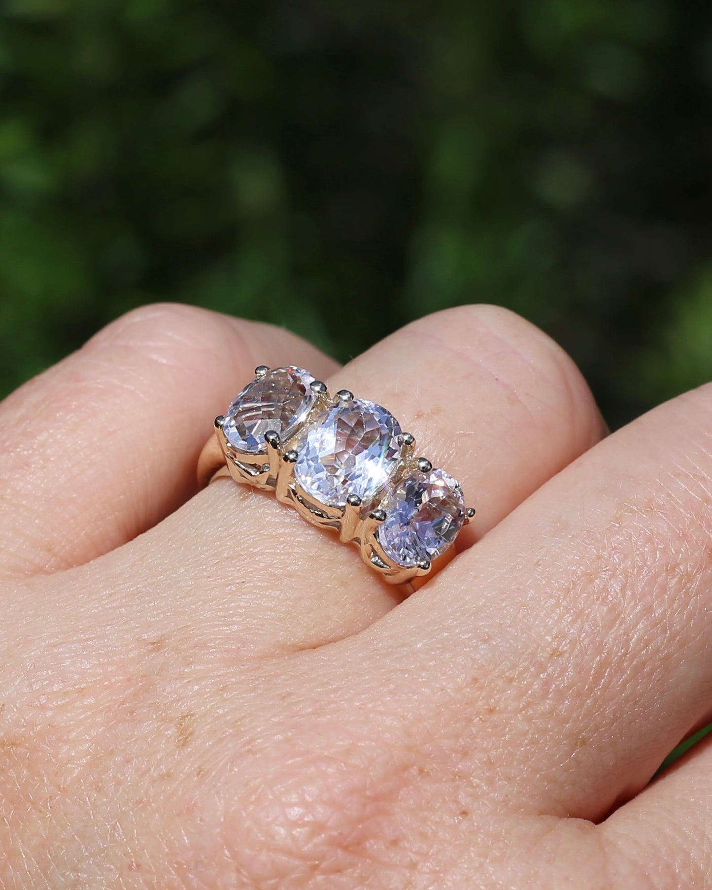 Oval Trilogy Rock Crystal Ring, 9ct Yellow Gold, size Q1/2 or 8.5, 5.59g