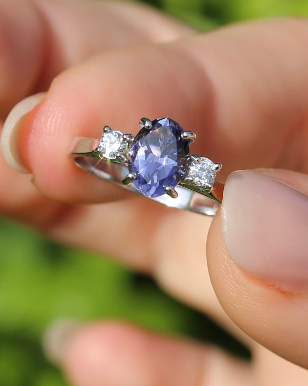 1.05ct Hand Cut Australian Iolite and Diamond Trilogy, 9ct White Gold, Size N or 6.75, 3.05g