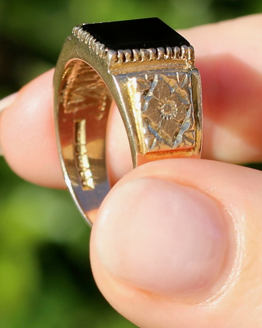 Chunky 1979 Onyx Signet with Floral Shoulders, 9ct Yellow Gold, size 10 or U
