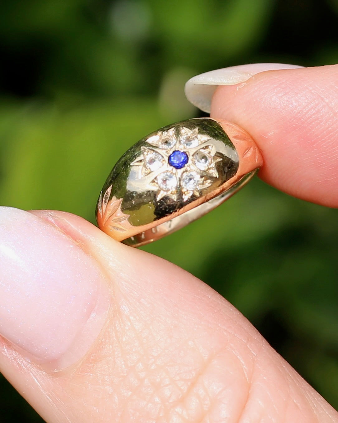 Vintage 1994 Birmingham Made Sapphire and White Stone Floral Cluster in Domed Ring, 9ct Yellow Gold, size J1/2 or 5