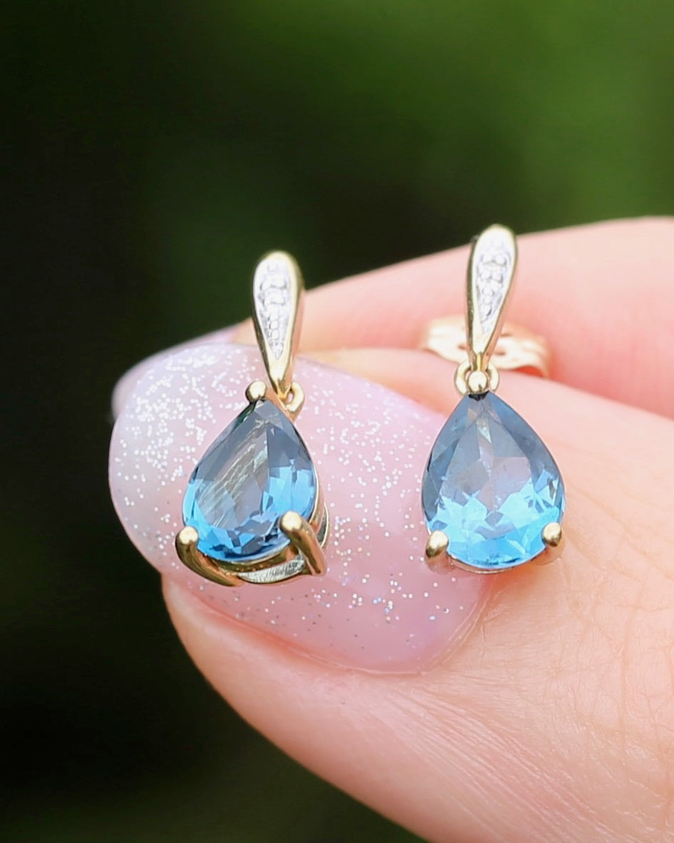 Pear Cut London Blue Topaz Earrings on Illusion Diamond Set Stud Posts, 9ct Yellow Gold, 14ct YG butterflies, 1.87g
