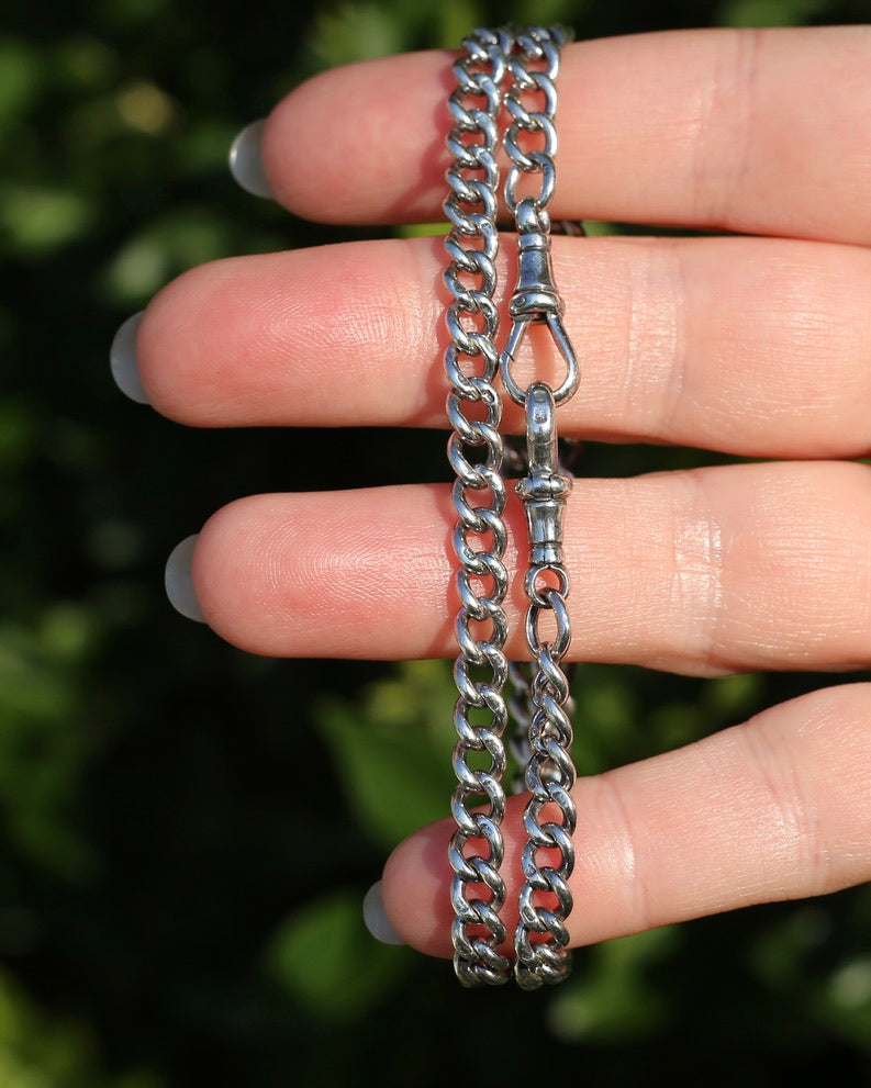 Antique 1913-1914 Birmingham Made Curb Link Watch Chain, Double Albert Clasp, Sterling Silver, 41.5cm