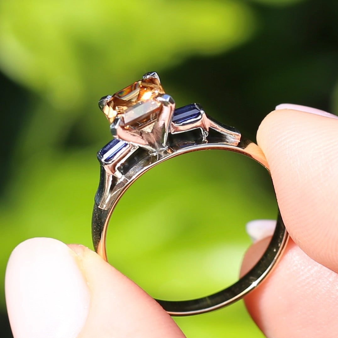 1.74ct Asscher Cut Cognac Zircon with Baguette Synthetic Sapphires in Mixed White and Yellow Gold 9ct Ring, size 8.75 or just over R