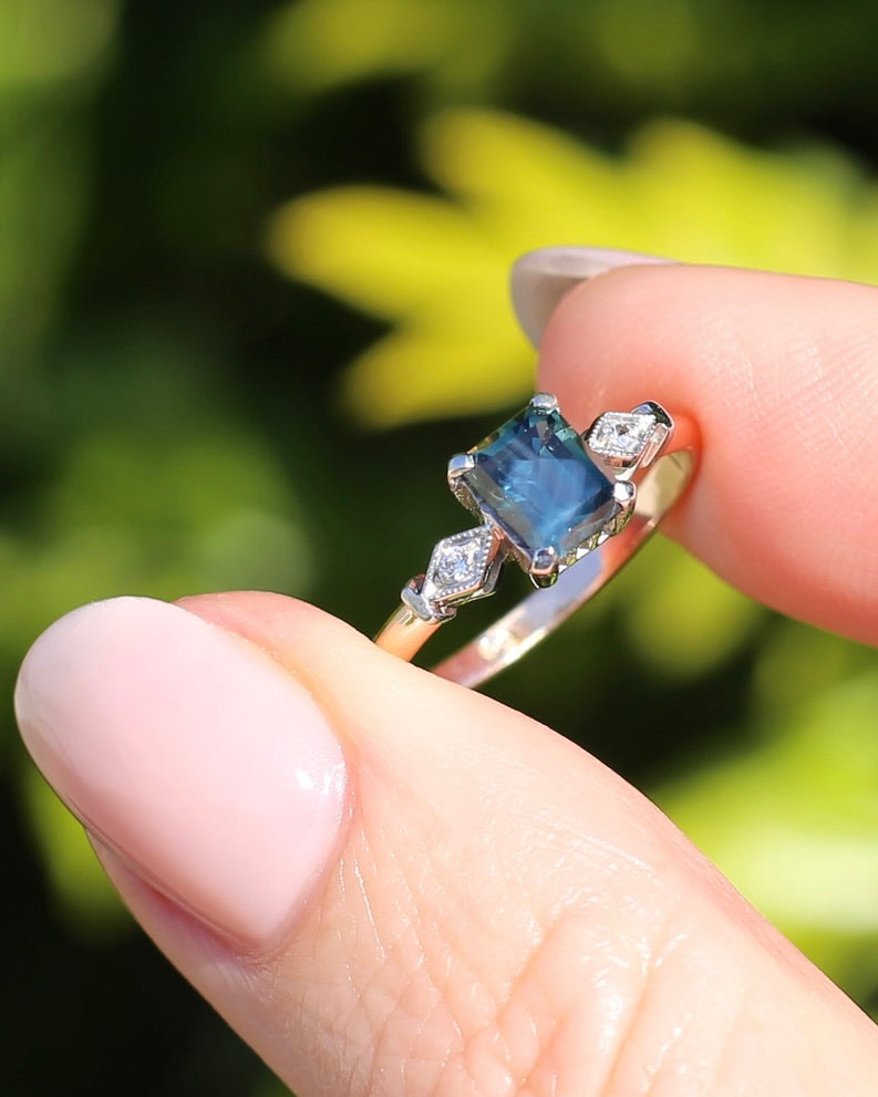 1.09ct Emerald Cut Teal Australian Sapphire With Diamonds in Vintage Trilogy Setting, 9ct Yellow and White Gold, size N1/2 or 6.75, 2.05g