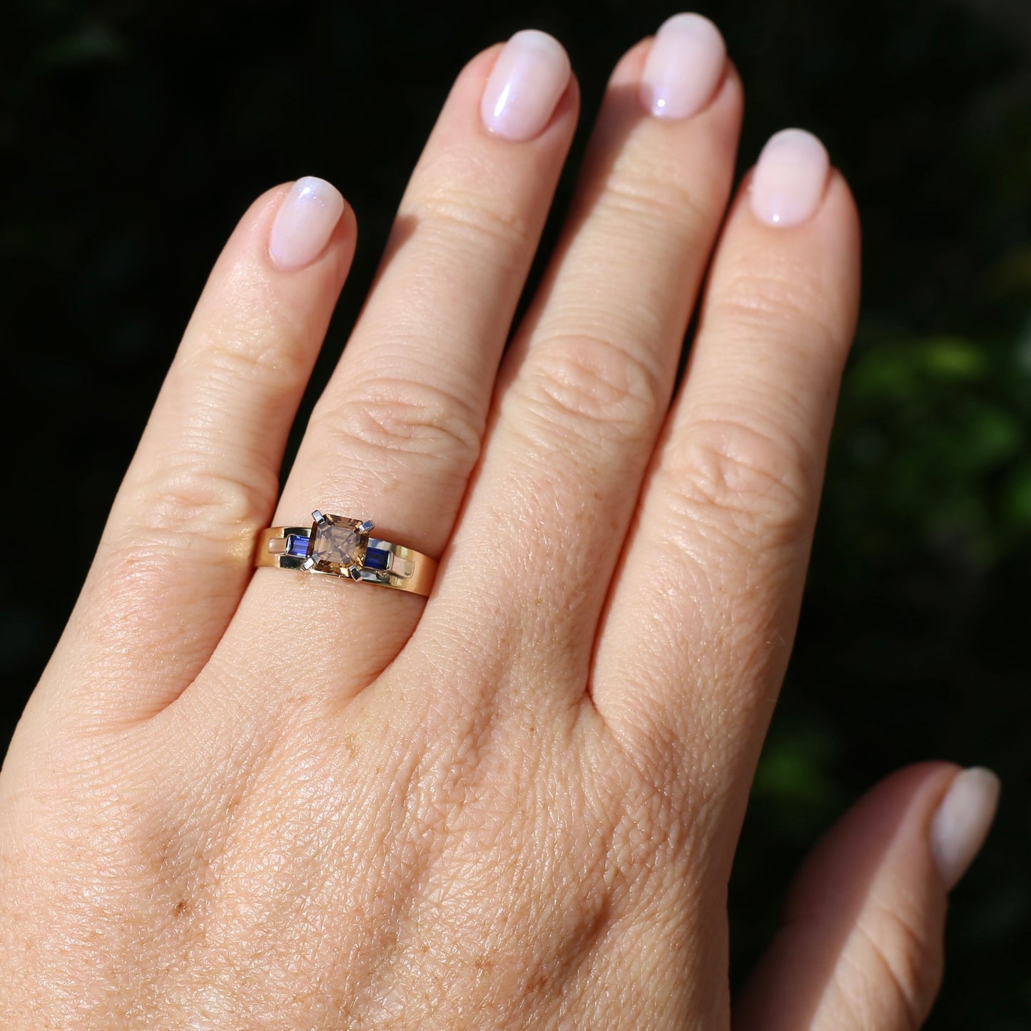 1.74ct Asscher Cut Cognac Zircon with Baguette Synthetic Sapphires in Mixed White and Yellow Gold 9ct Ring, size 8.75 or just over R