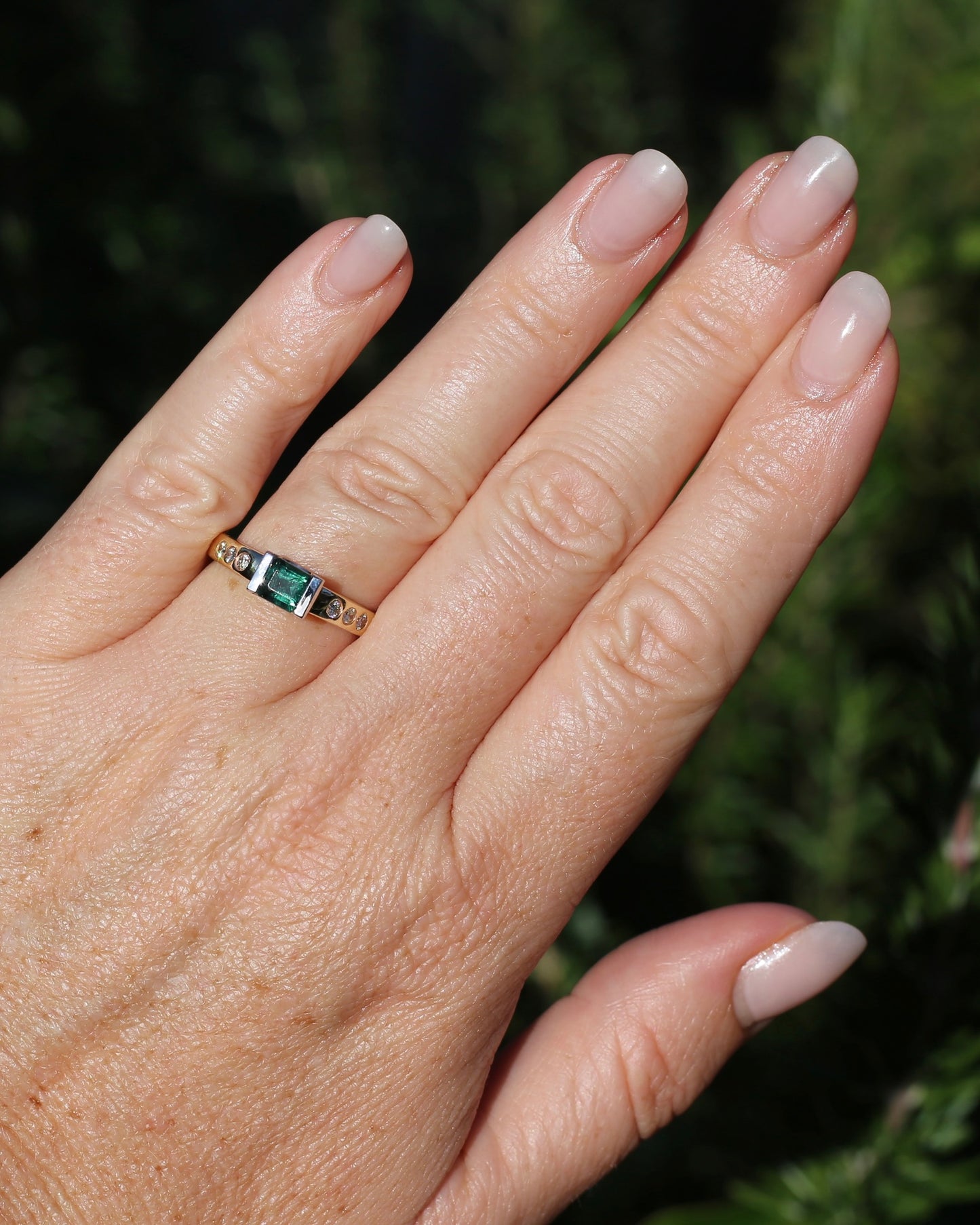 Vintage Chunky East West Set Semi Bezel Tourmaline and Flush Set Diamonds, 9ct Yellow and White Gold, size 9 or S, 4.37g