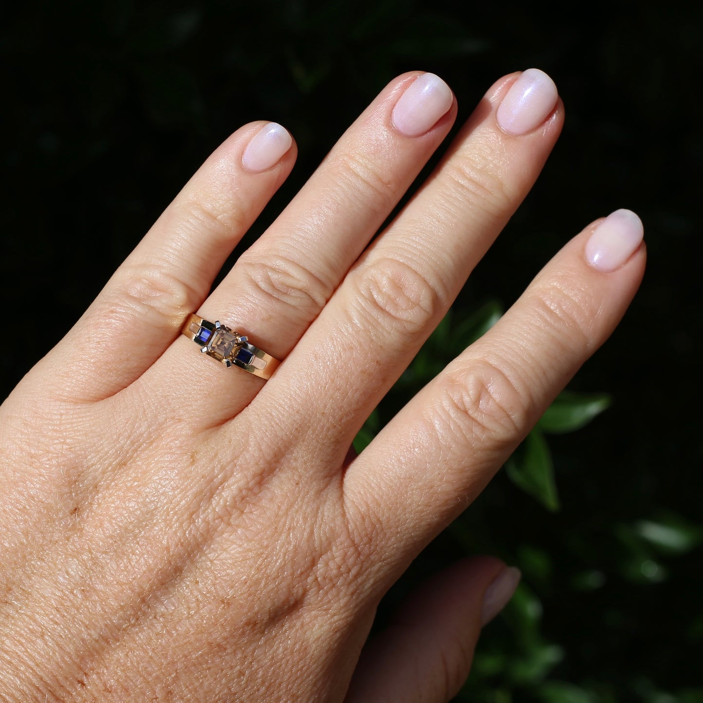 1.74ct Asscher Cut Cognac Zircon with Baguette Synthetic Sapphires in Mixed White and Yellow Gold 9ct Ring, size 8.75 or just over R