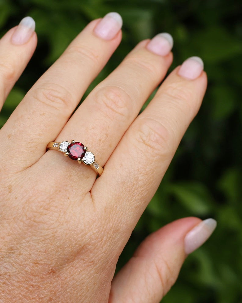 East African Rhodolite Garnet and Diamond Dais Trilogy, 9ct Yellow Gold, size S or 9.25