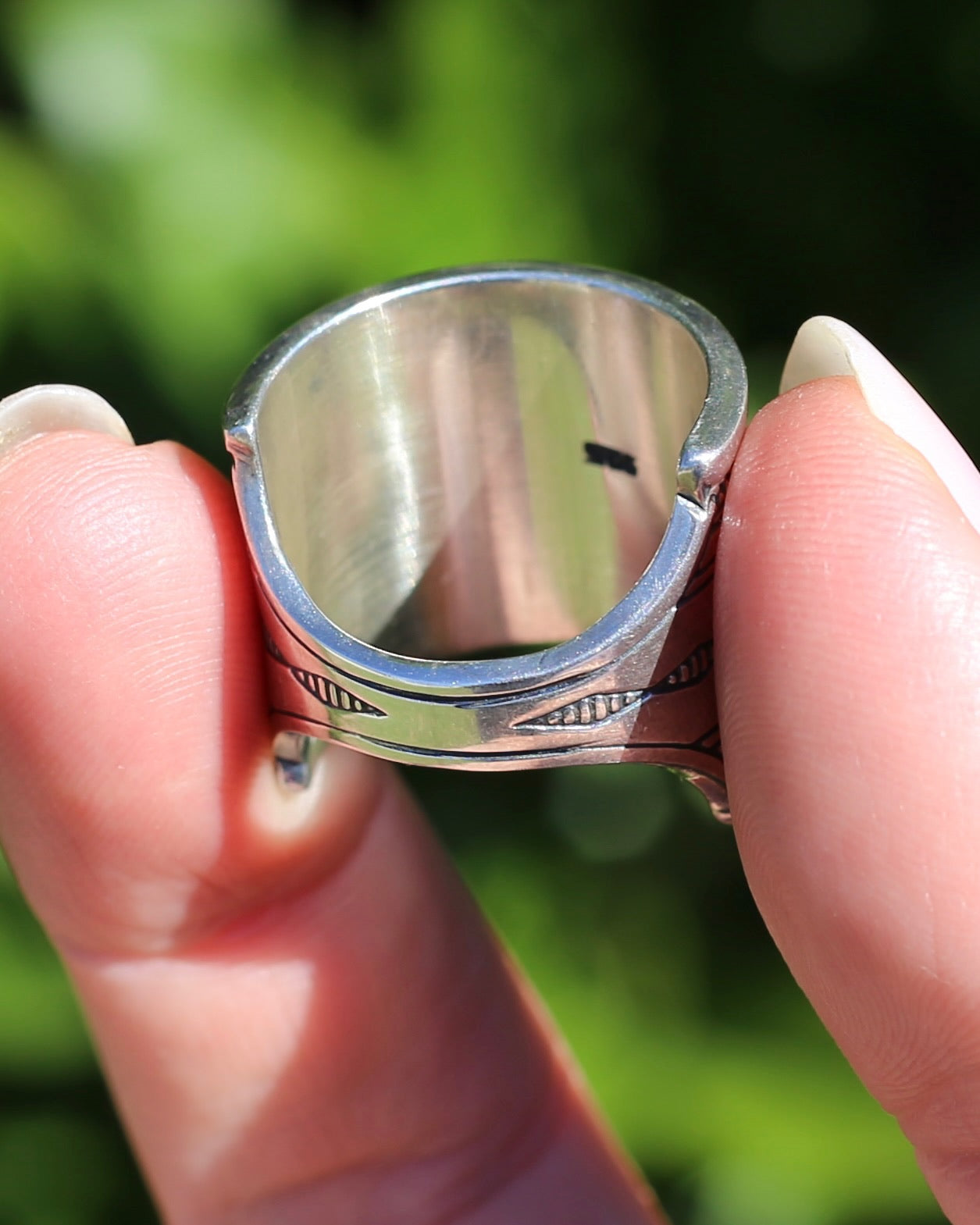 Wide Sterling Silver Etched Cigar Band, Comfort Fit Back, size P or 7.5 (fits more like an O or 7)