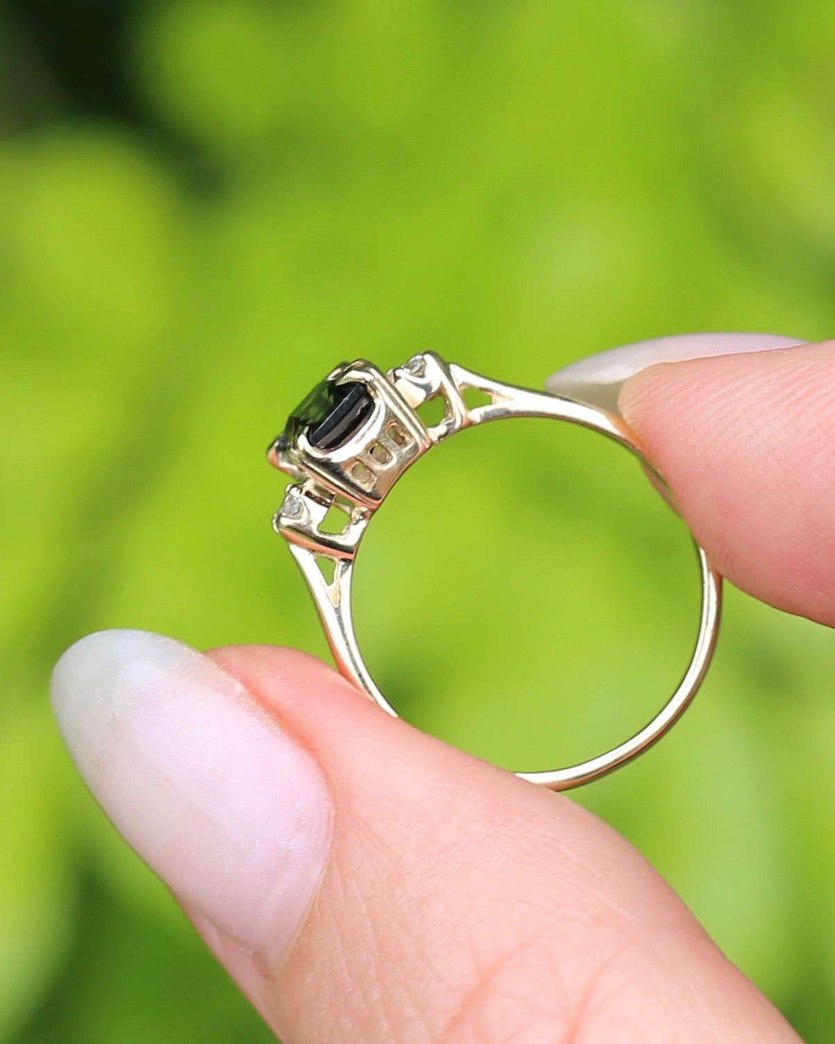 Vintage 1.5ct Emerald Cut Parti Sapphire and Diamond trilogy, 9ct Yellow Gold, size N or 6.75