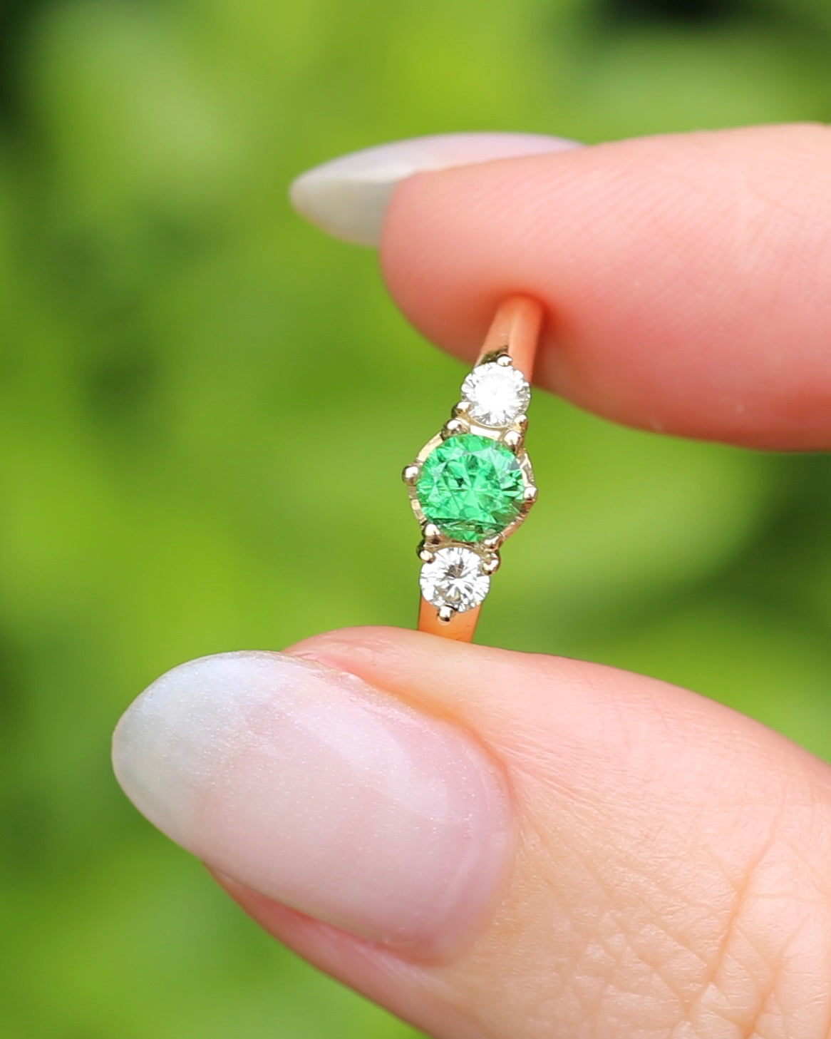 East African Tsavorite Garnet and Diamond Trilogy Ring, 18ct Yellow Gold, size K or 5.5 with valuation