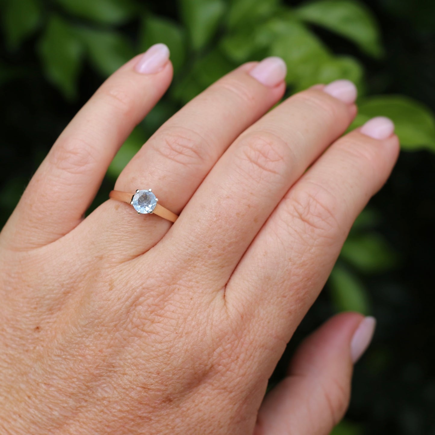 Round Natural Aquamarine Solitaire, 9ct Yellow and White Gold, size O or 7.25