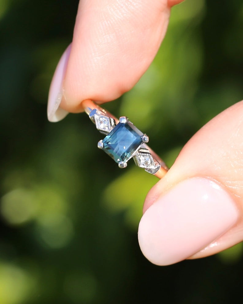 1.09ct Emerald Cut Teal Australian Sapphire With Diamonds in Vintage Trilogy Setting, 9ct Yellow and White Gold, size N1/2 or 6.75, 2.05g