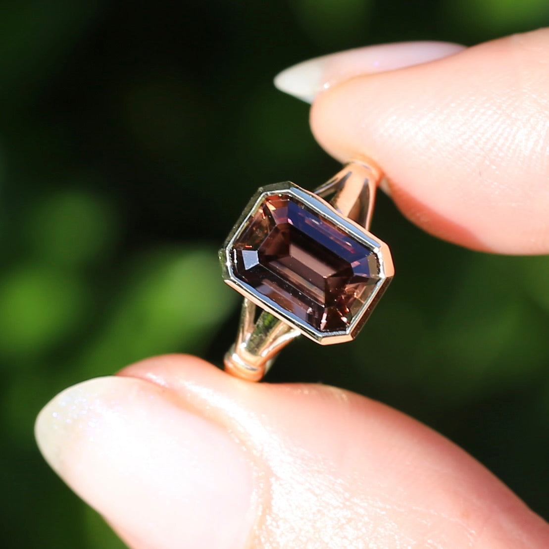 Custom Cut 4.36ct Octagonal Brown Zircon, Bezel Set, 9ct Yellow Gold, size L1/2 or 6