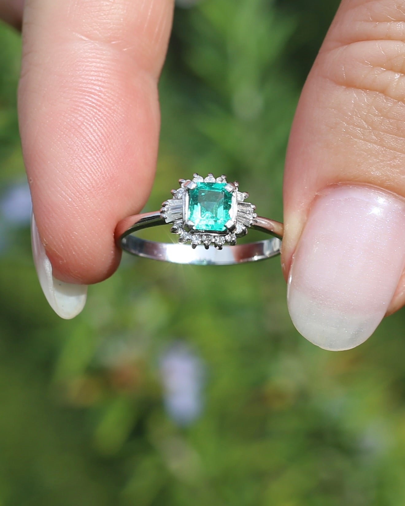 Natural Square Step Cut Emerald and Diamond Baguette Ballerina Skirt, Platinum Ring, size O or 7.25