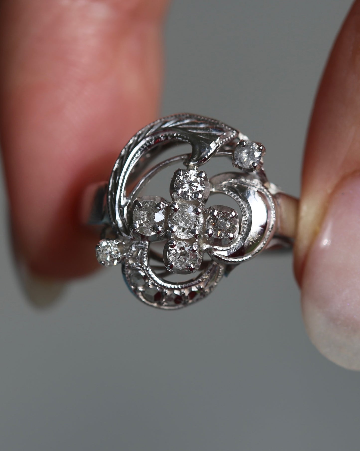Old Cut and Early Brilliant Cluster Clover Ring, 9ct White Gold, size O or 7