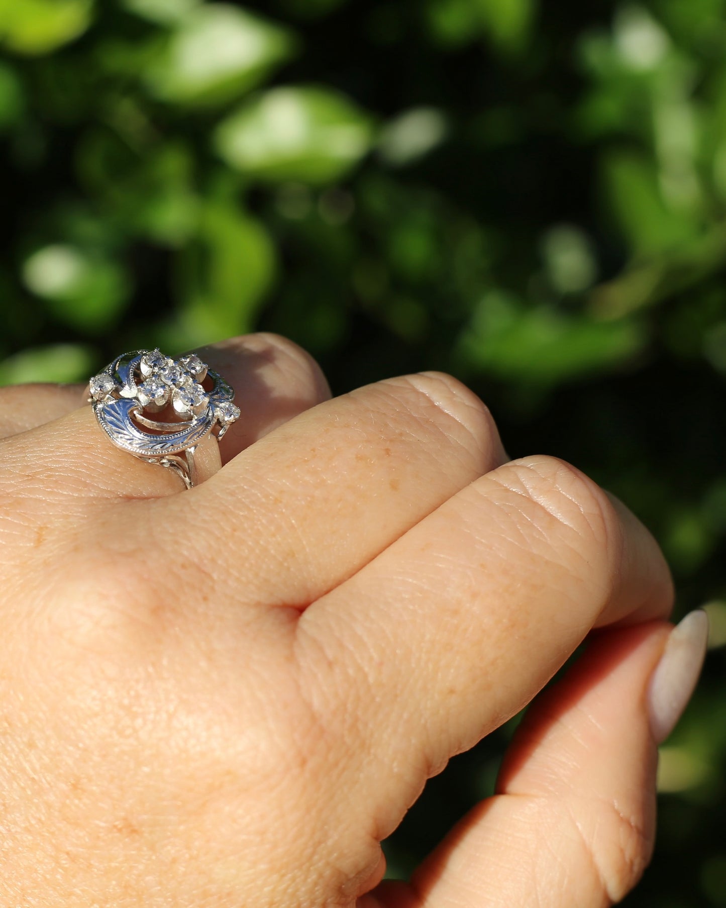 Old Cut and Early Brilliant Cluster Clover Ring, 9ct White Gold, size O or 7