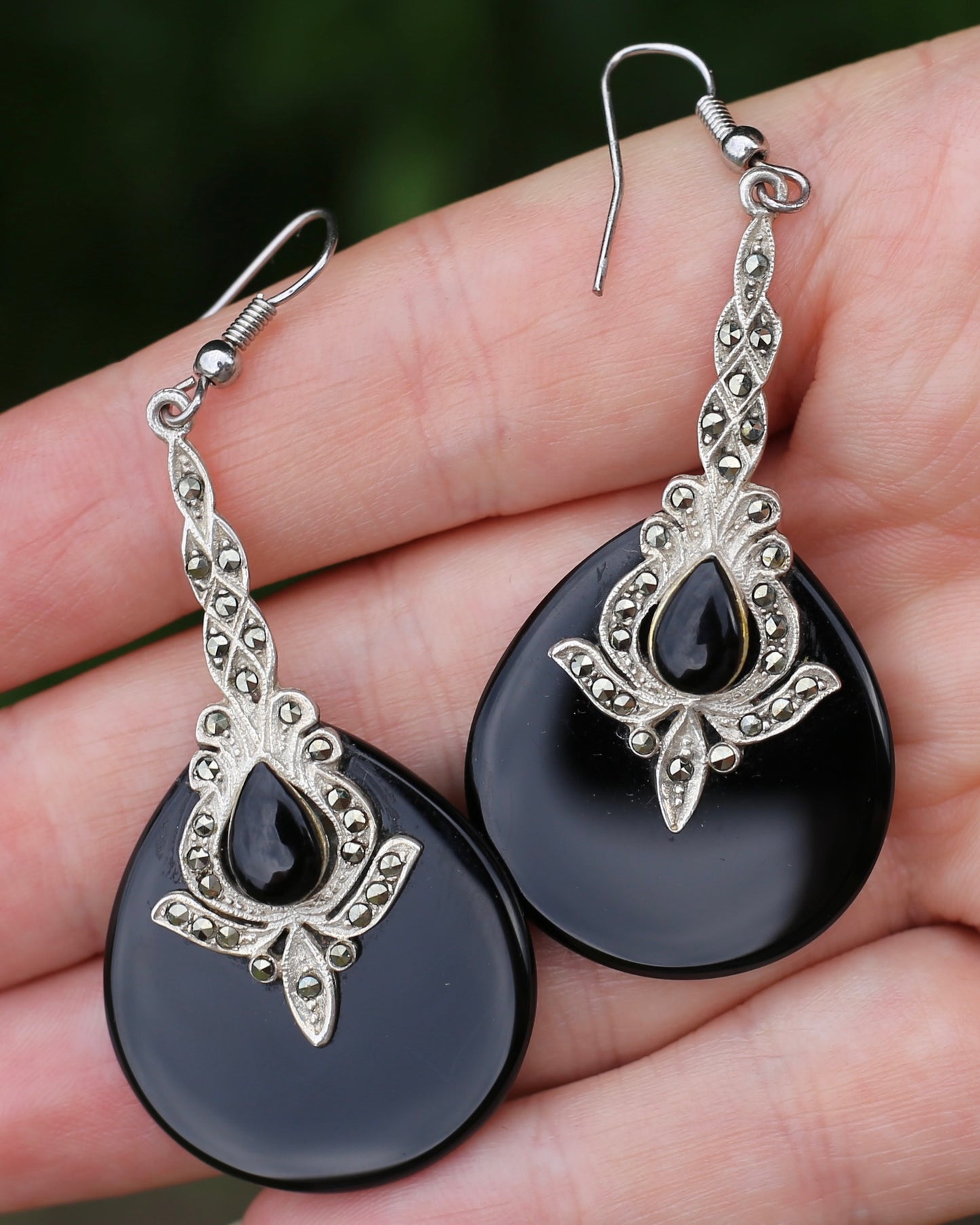 Vintage Onyx and Marcasite Silver Earrings, 13.8g