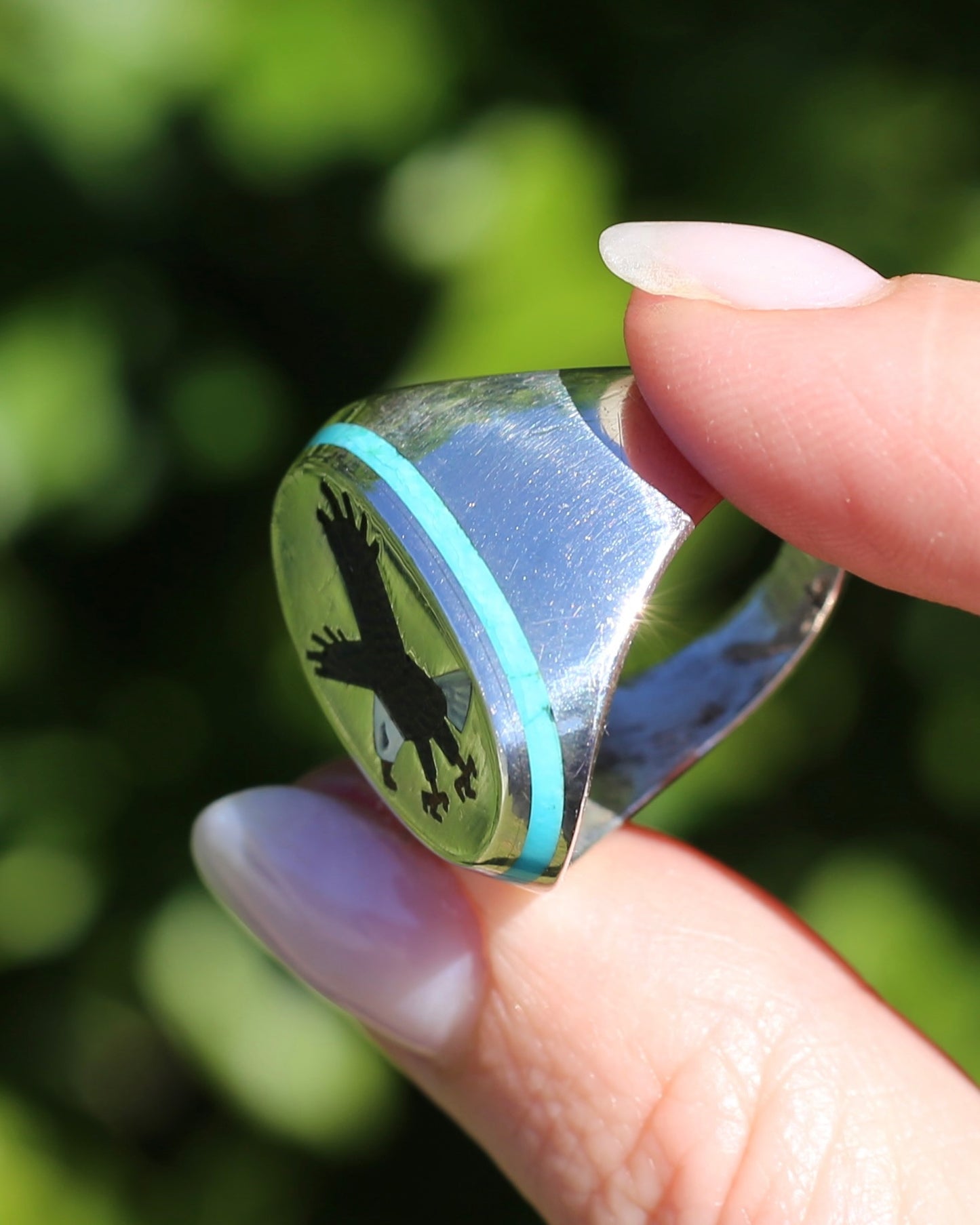 Navajo Artist Benjamin Becenti Inlaid Mother of Pearl and Turquoise Eagle Ring, Sterling Silver, size X1/2 or 11.75