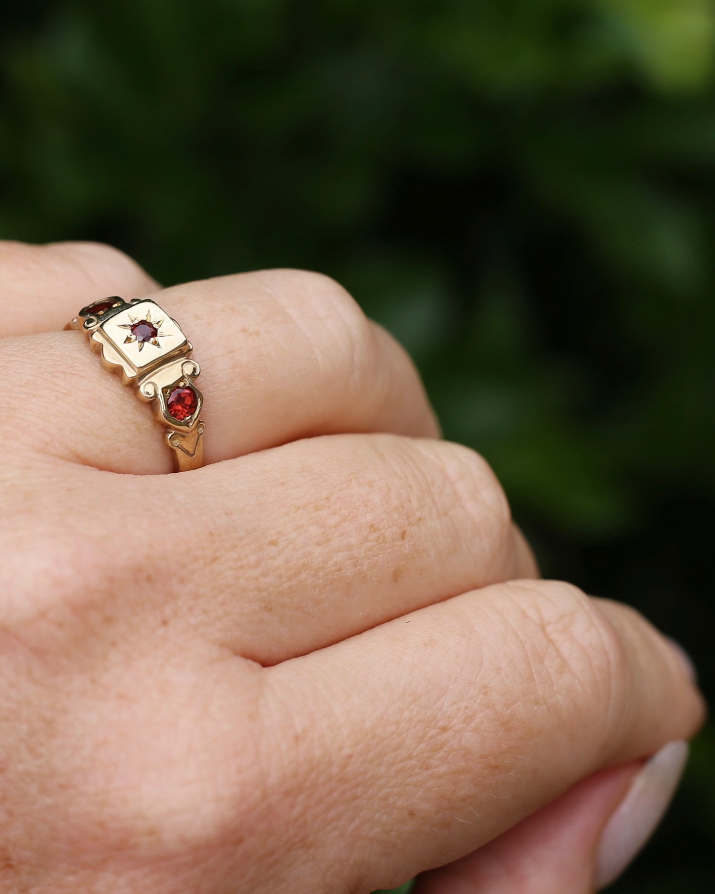 Victorian Revival Garnet Trilogy Star Set Ring, 9ct Yellow Gold, size O1/2 or just over 7.25