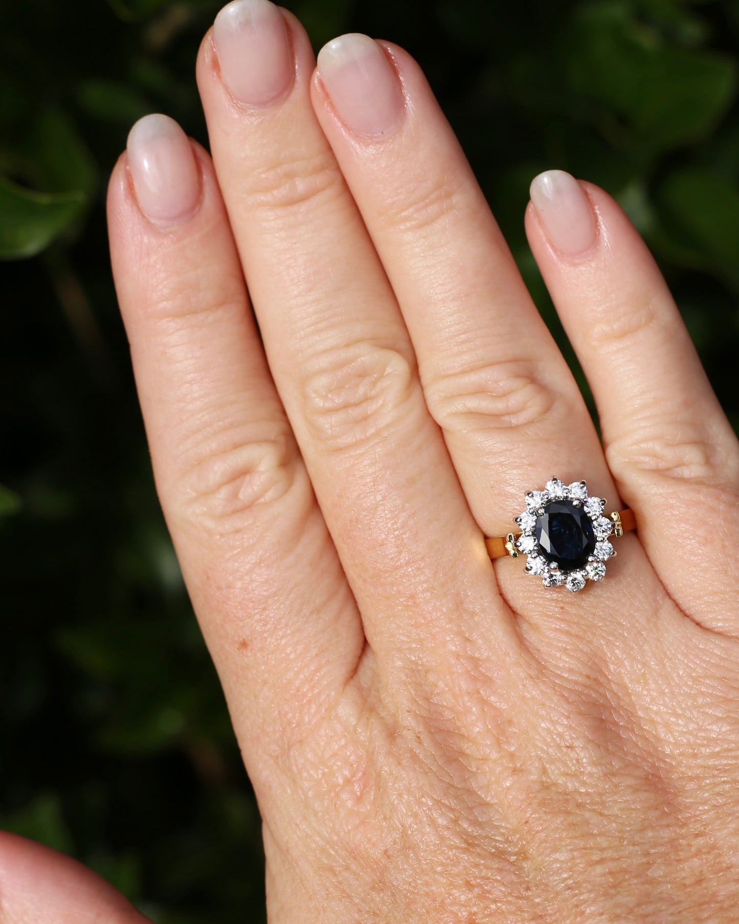 Vintage c1980s Diana Halo, Natural Sapphire and Diamond Halo, 18ct Yellow and White Gold, size P or 7.75 with valuation
