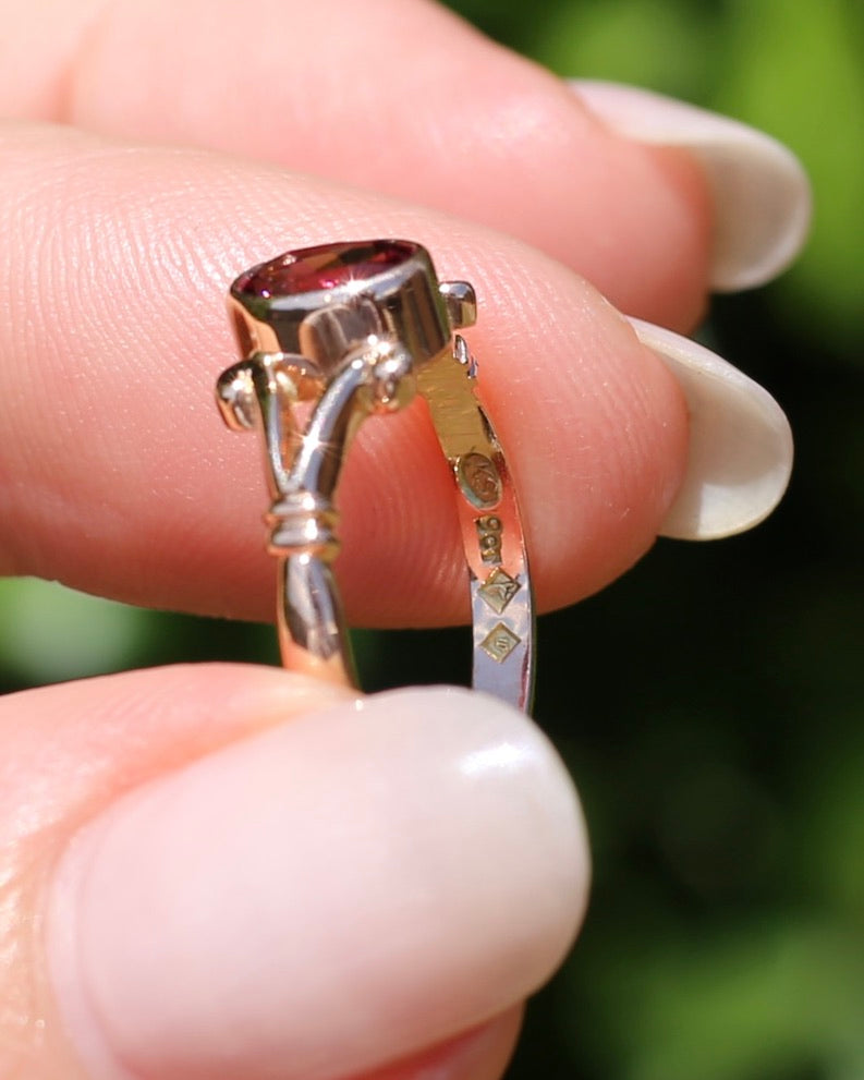 1996 Australian Made Bezel Set Rhodolite Garnet, 9ct Rose Gold, size O or just over 7, 2.60g