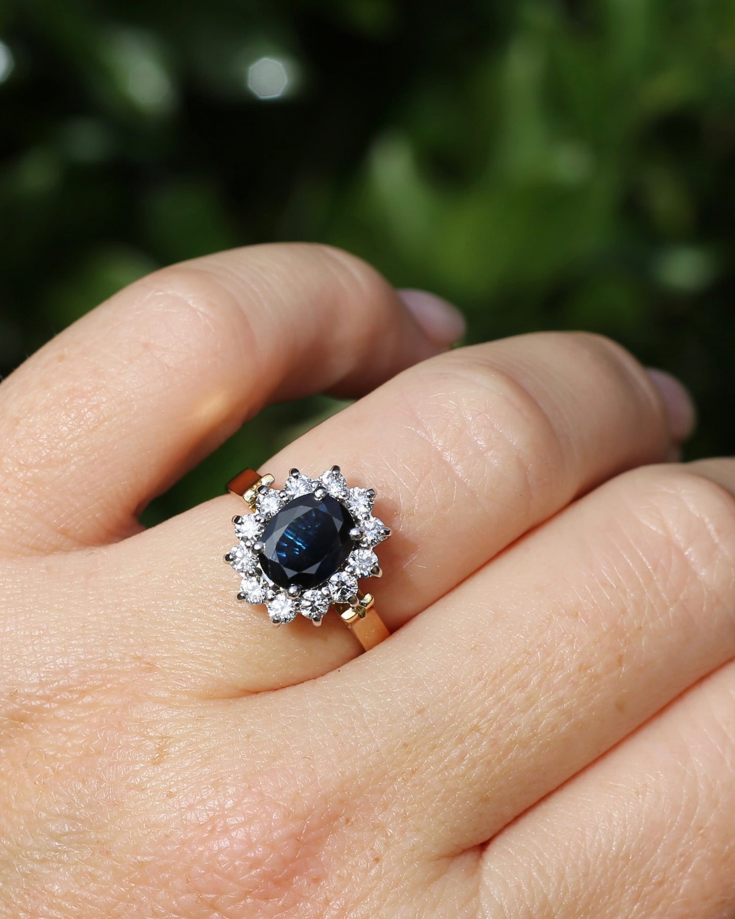 Vintage c1980s Diana Halo, Natural Sapphire and Diamond Halo, 18ct Yellow and White Gold, size P or 7.75 with valuation