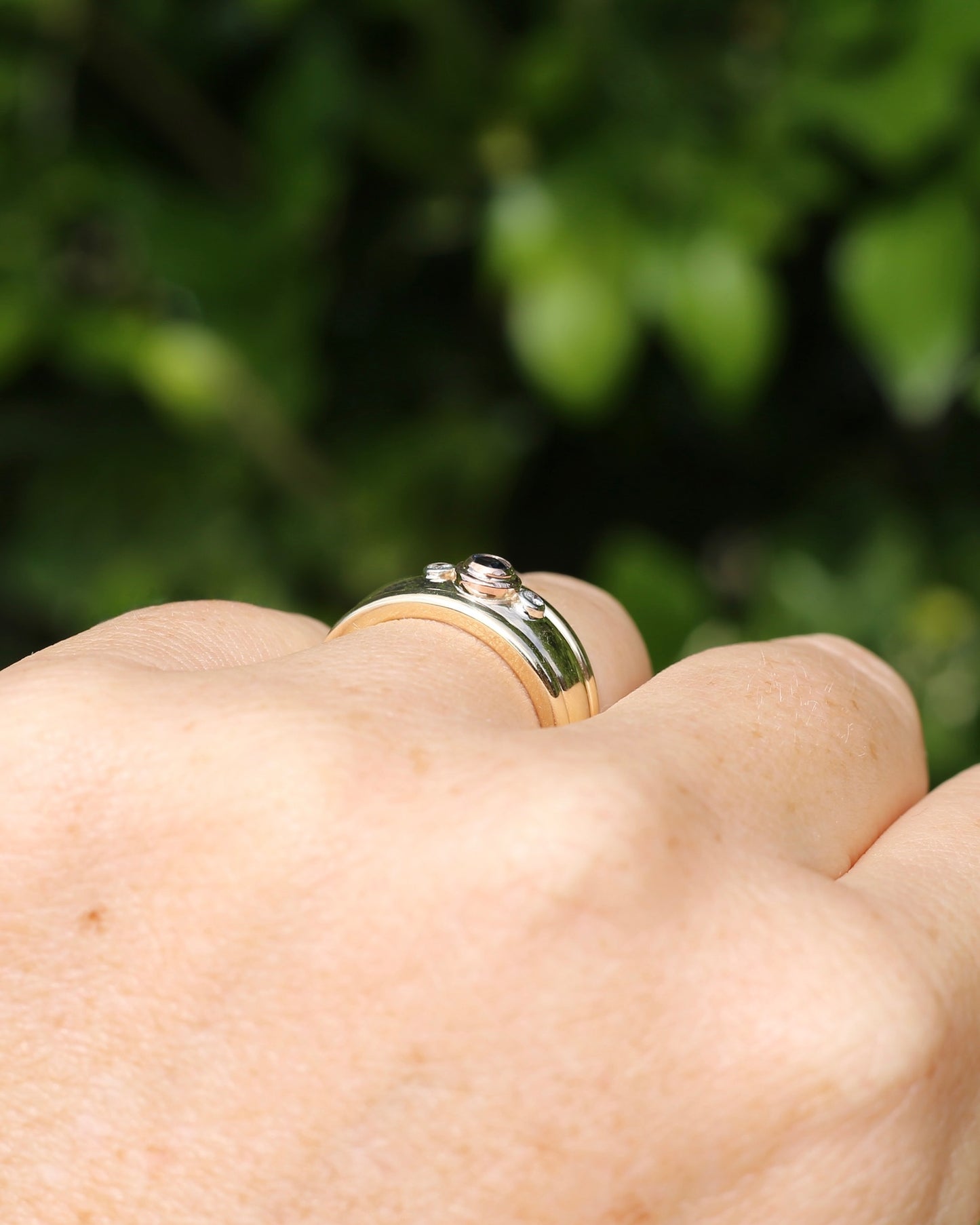 Bezel Set Parti Sapphire and Diamond Trilogy, Chunky Yellow Gold, size O1/2 or 7.5 (will fit smaller due to width)