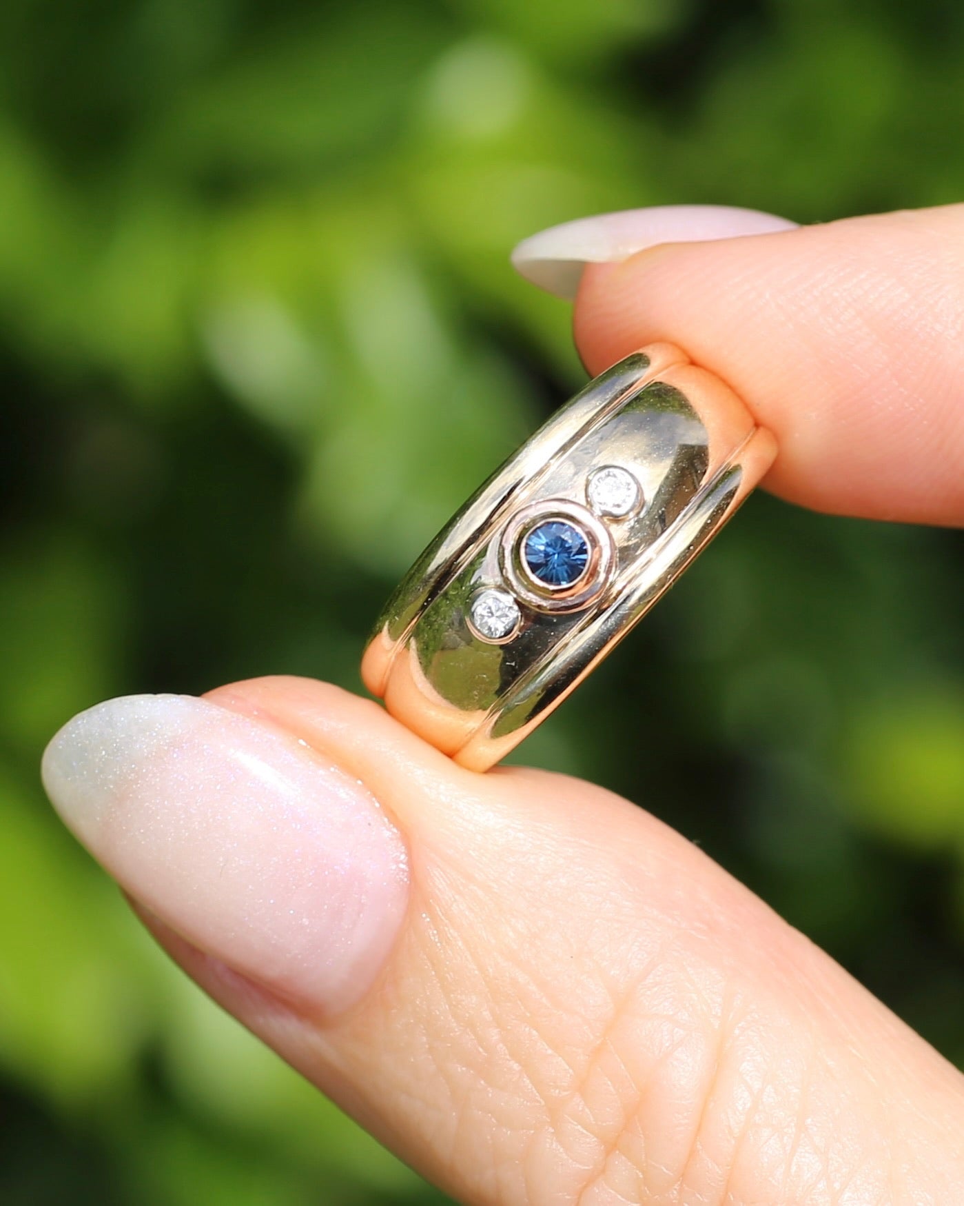 Bezel Set Parti Sapphire and Diamond Trilogy, Chunky Yellow Gold, size O1/2 or 7.5 (will fit smaller due to width)