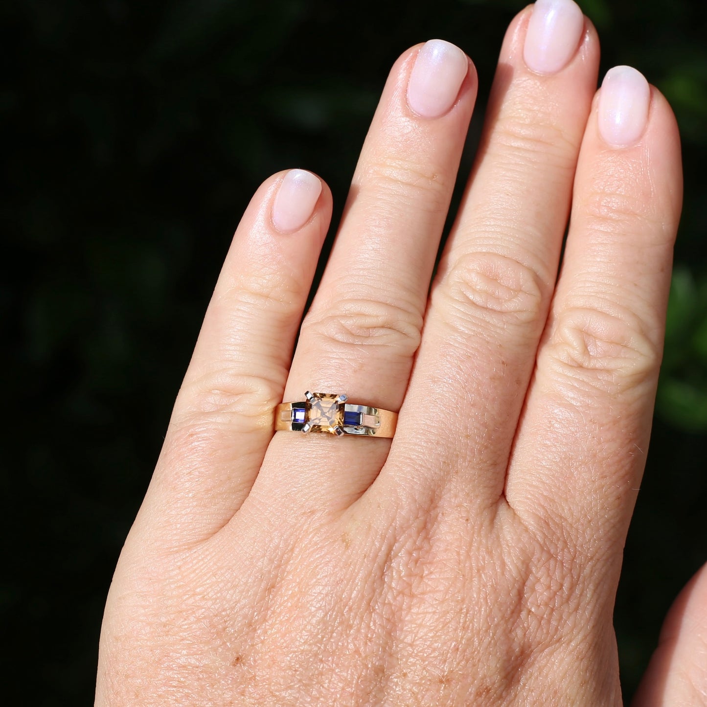 1.74ct Asscher Cut Cognac Zircon with Baguette Synthetic Sapphires in Mixed White and Yellow Gold 9ct Ring, size 8.75 or just over R