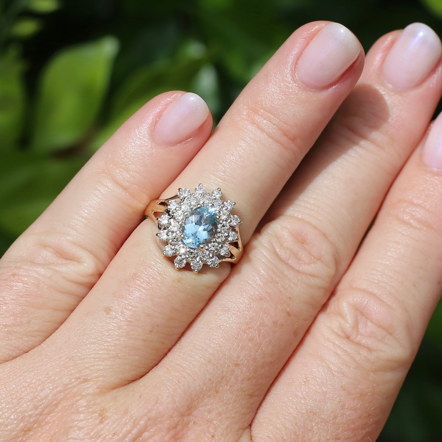 1.1ct Oval Aquamarine and Double Diamond Halo (0.88ct), 9ct White and Yellow Gold, size 6.25 or M