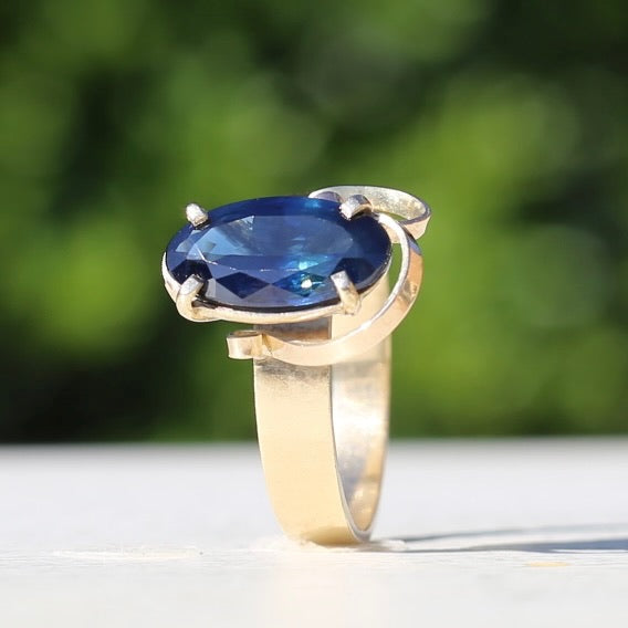 1980s 4ct Australian Parti Sapphire Retro Ring, 9ct Yellow Gold, size X or 11.5 (easily sizeable) with valuation