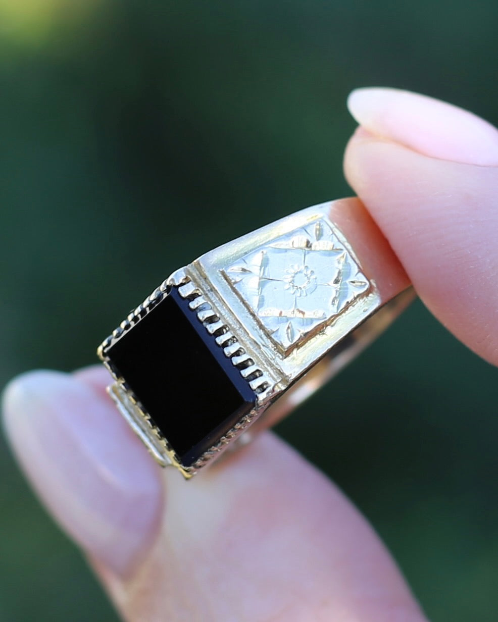 Chunky 1979 Onyx Signet with Floral Shoulders, 9ct Yellow Gold, size 10 or U