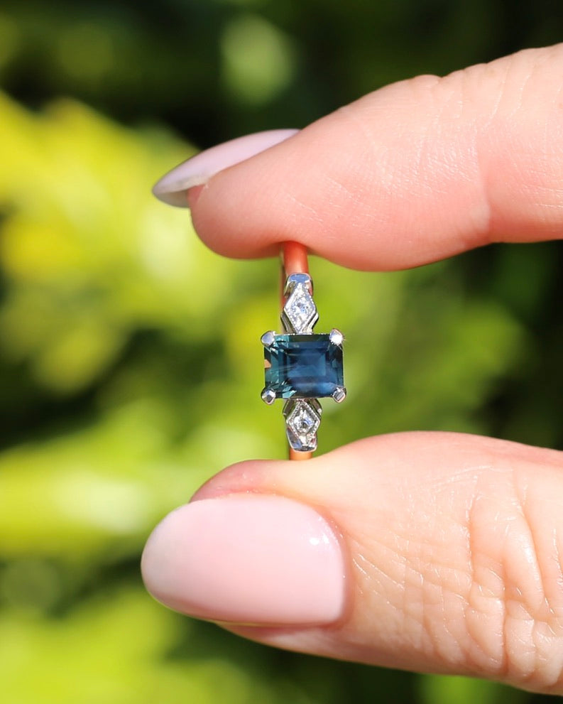 1.09ct Emerald Cut Teal Australian Sapphire With Diamonds in Vintage Trilogy Setting, 9ct Yellow and White Gold, size N1/2 or 6.75, 2.05g