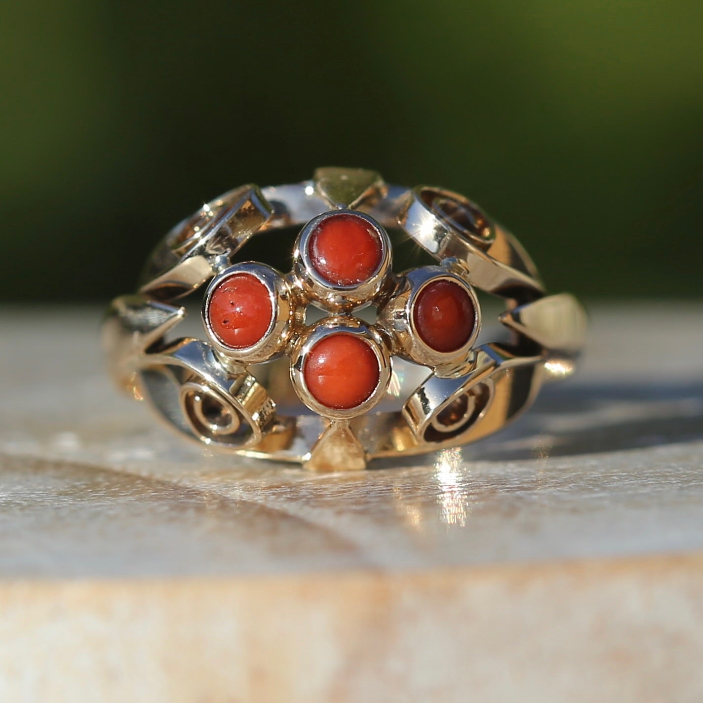 Vintage Dutch Four Stone Coral Cabochon Filigree Ring, 14ct Yellow Gold, size N1/2 or 7