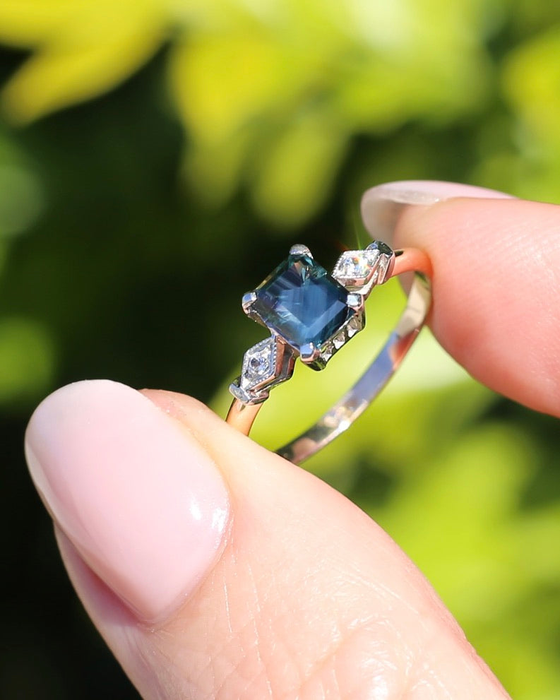 1.09ct Emerald Cut Teal Australian Sapphire With Diamonds in Vintage Trilogy Setting, 9ct Yellow and White Gold, size N1/2 or 6.75, 2.05g