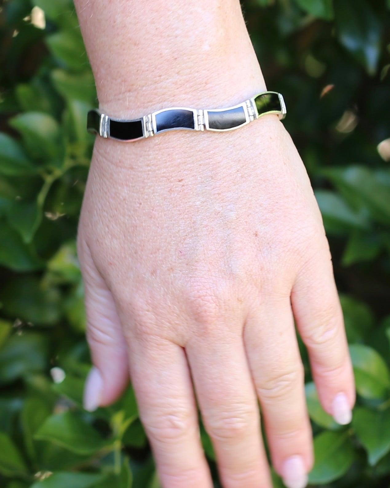 Black Panel Wavey Silver Bracelet, Sterling Silver, 18.3g, 19cm