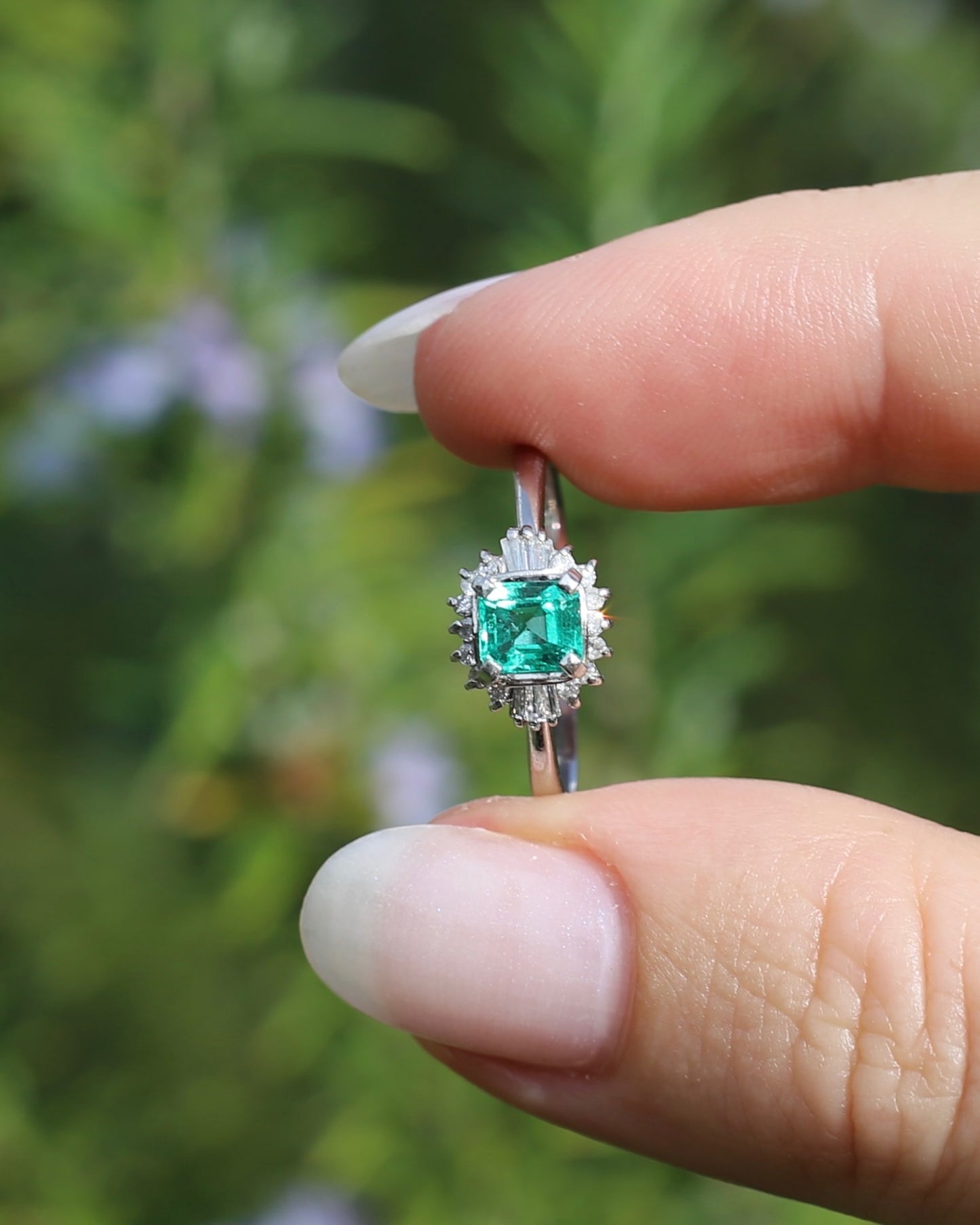 Natural Square Step Cut Emerald and Diamond Baguette Ballerina Skirt, Platinum Ring, size O or 7.25