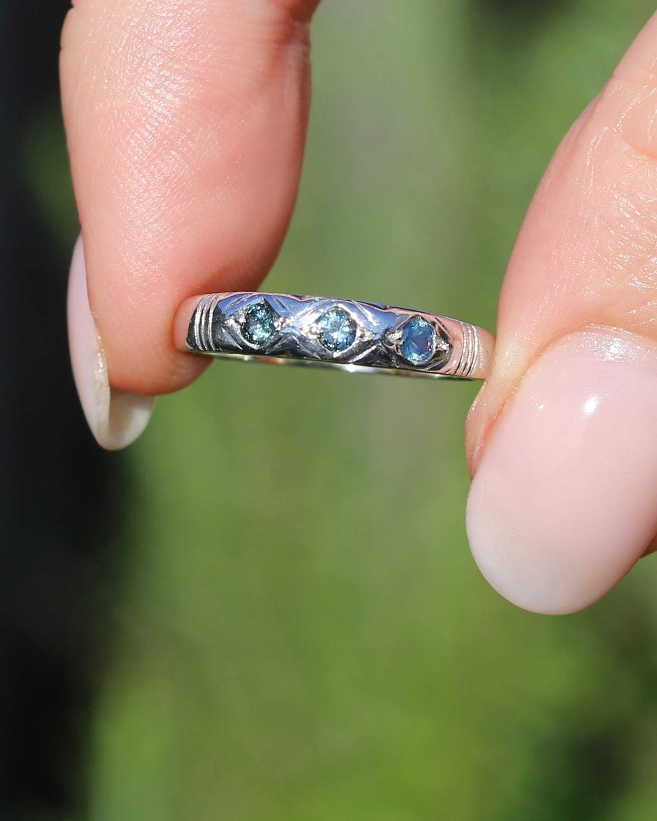 ON HOLD Australian Parti Sapphire Trilogy, 9ct White Gold Band, size N1/2 or just under 7, 2.67g