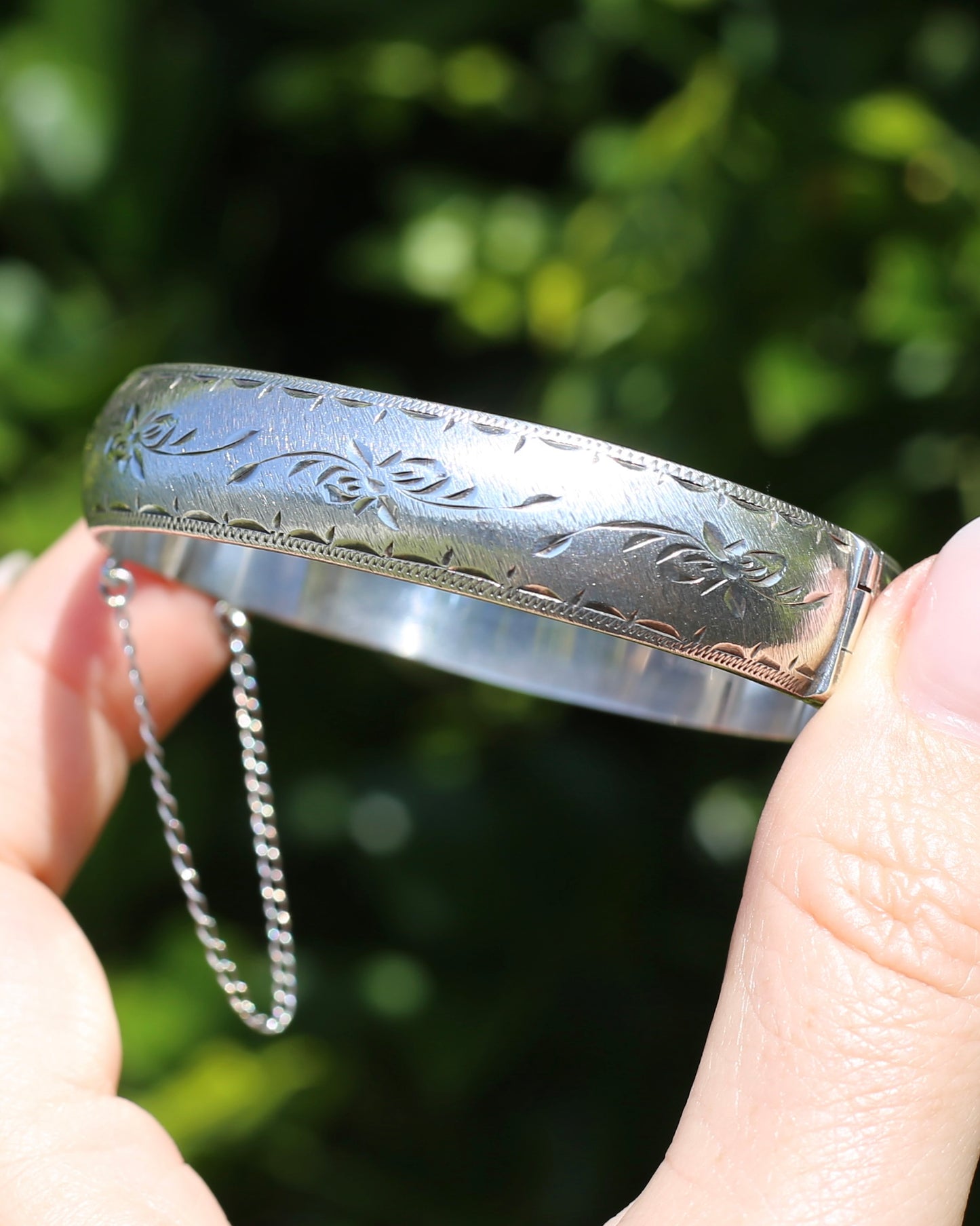 Vintage Hinged Engraved Silver Semi Hollow Bangle, Sterling Silver, 19.2g