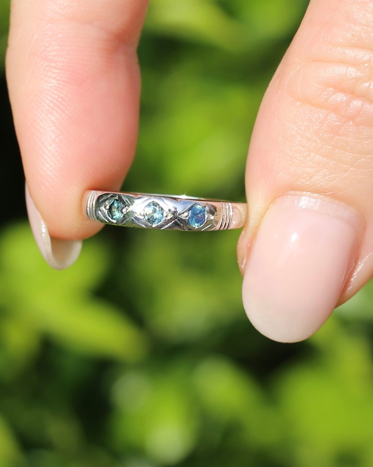 ON HOLD Australian Parti Sapphire Trilogy, 9ct White Gold Band, size N1/2 or just under 7, 2.67g