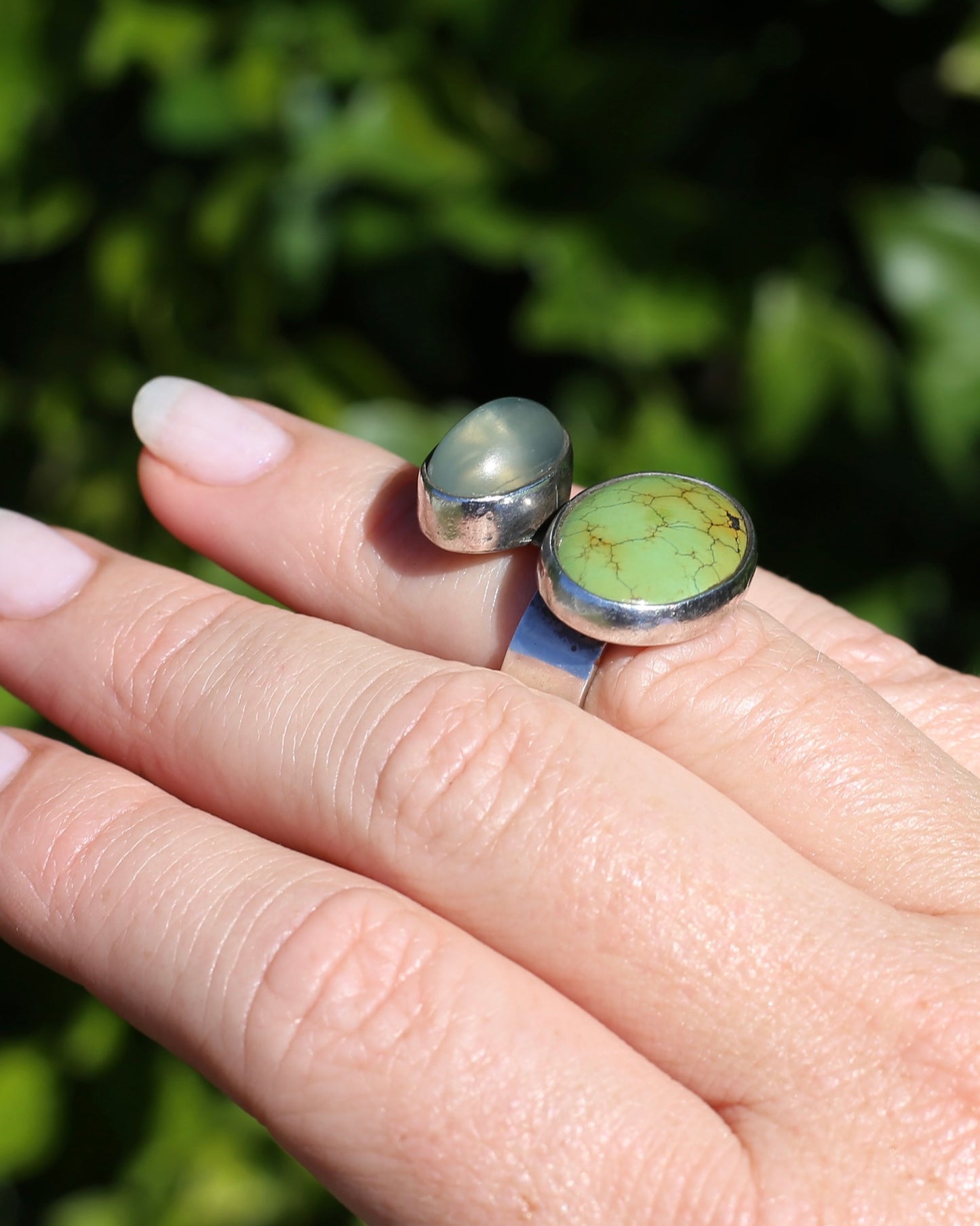 Vintage Green Turquoise and Moonstone Ring, Sterling Silver, size M or 6.25