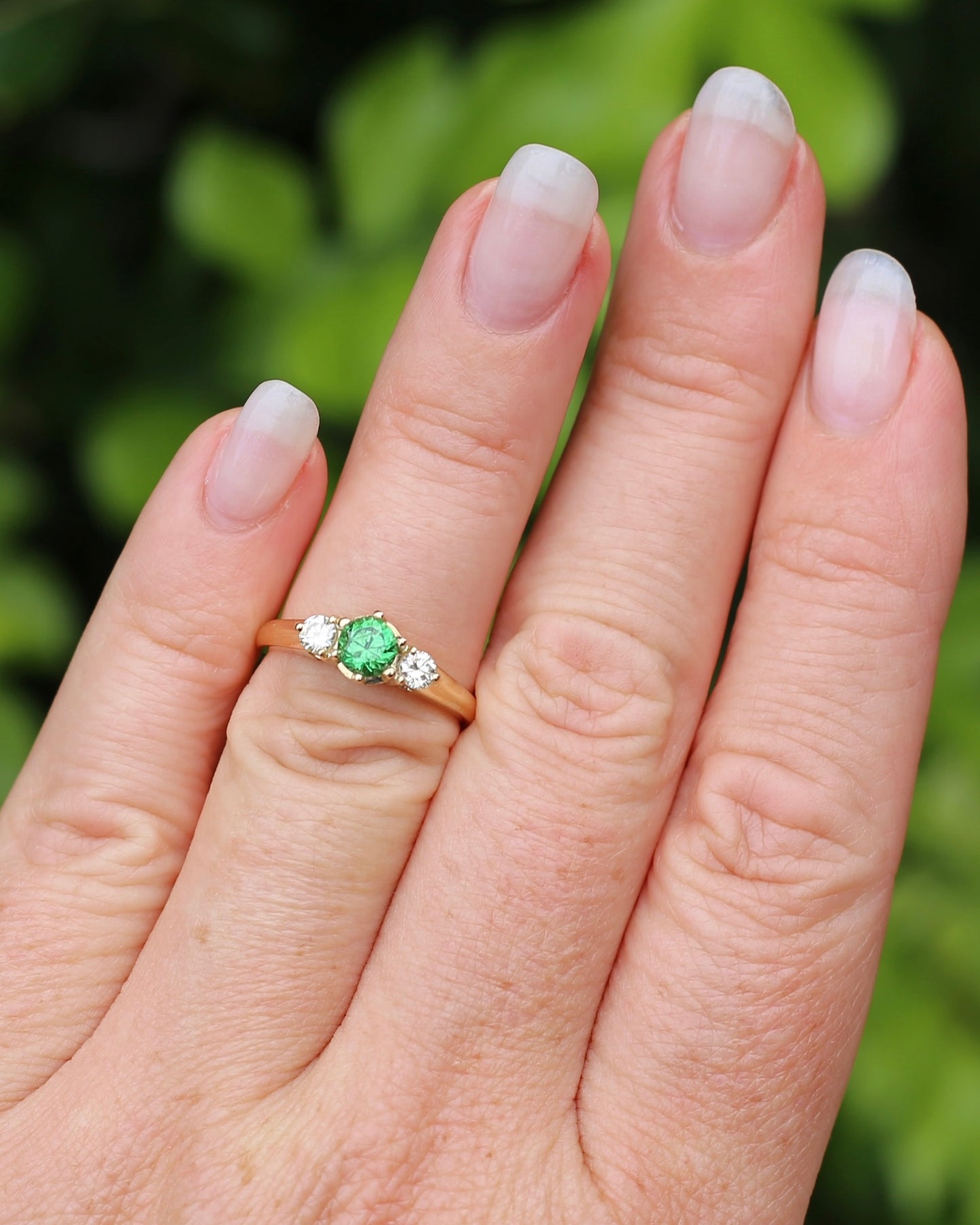 East African Tsavorite Garnet and Diamond Trilogy Ring, 18ct Yellow Gold, size K or 5.5 with valuation