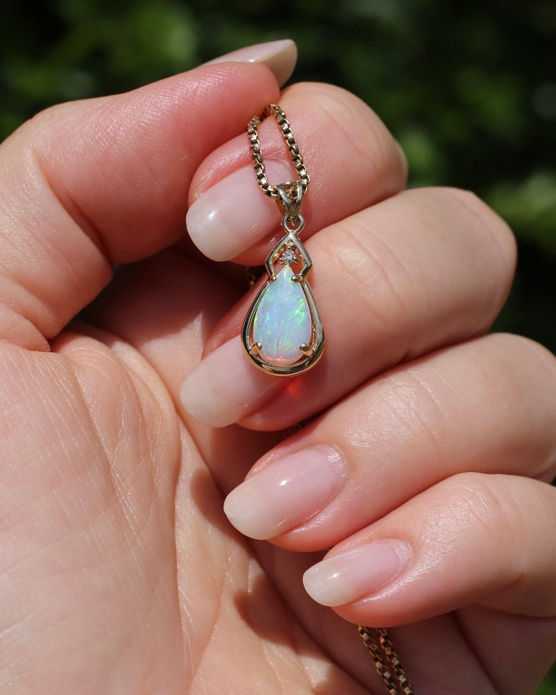 Pear Crystal Opal and Diamond Pendant, 10ct Yellow Gold, 1.5g