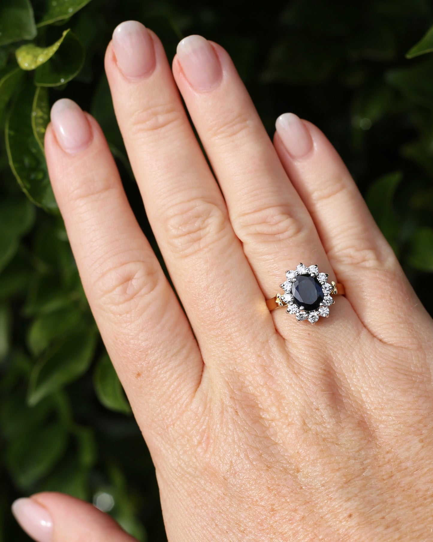 Vintage c1980s Diana Halo, Natural Sapphire and Diamond Halo, 18ct Yellow and White Gold, size P or 7.75 with valuation