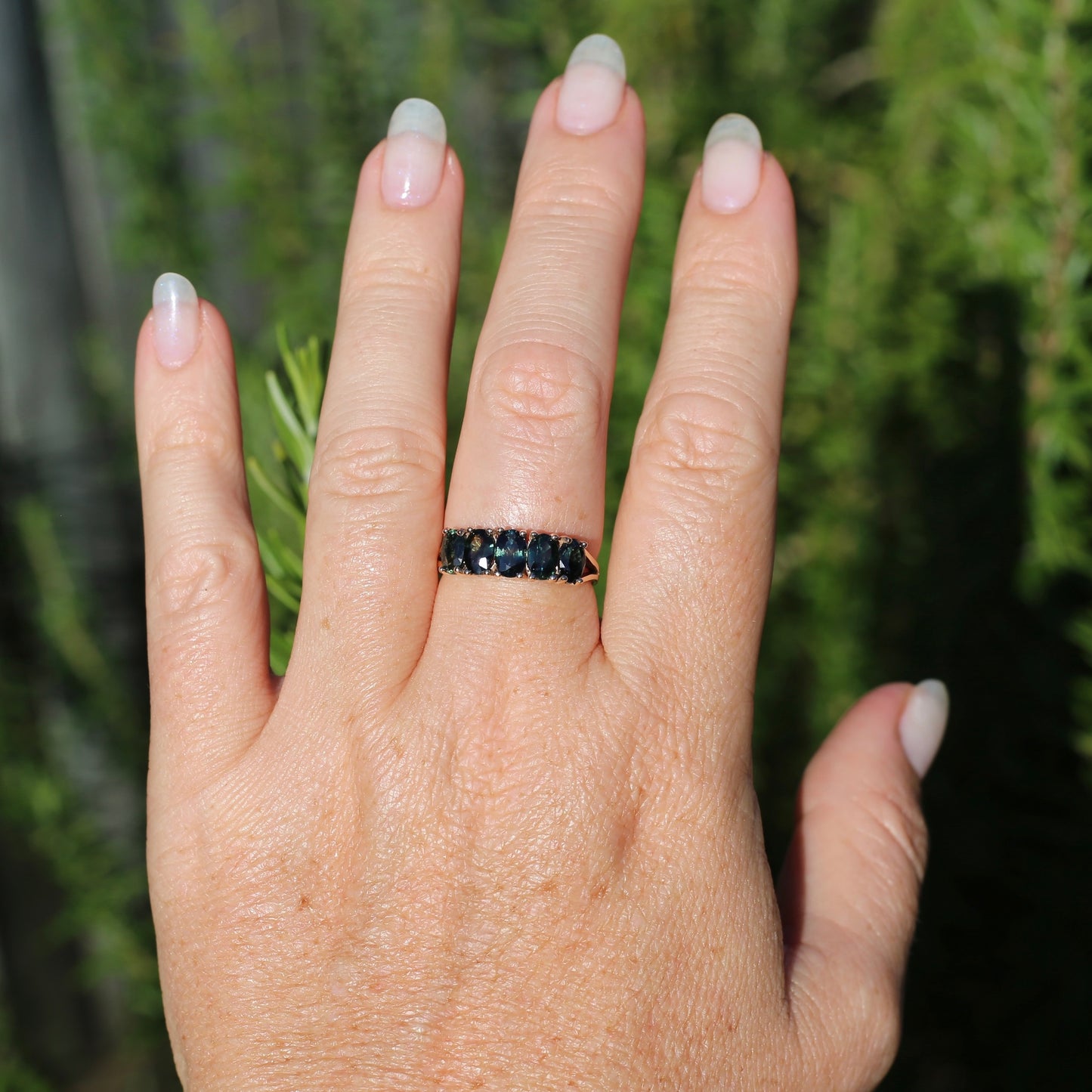 3 Carat Five Stone Parti Sapphire Ring, 9ct Yellow Gold, size R1/2 or nearly 9, with valuation