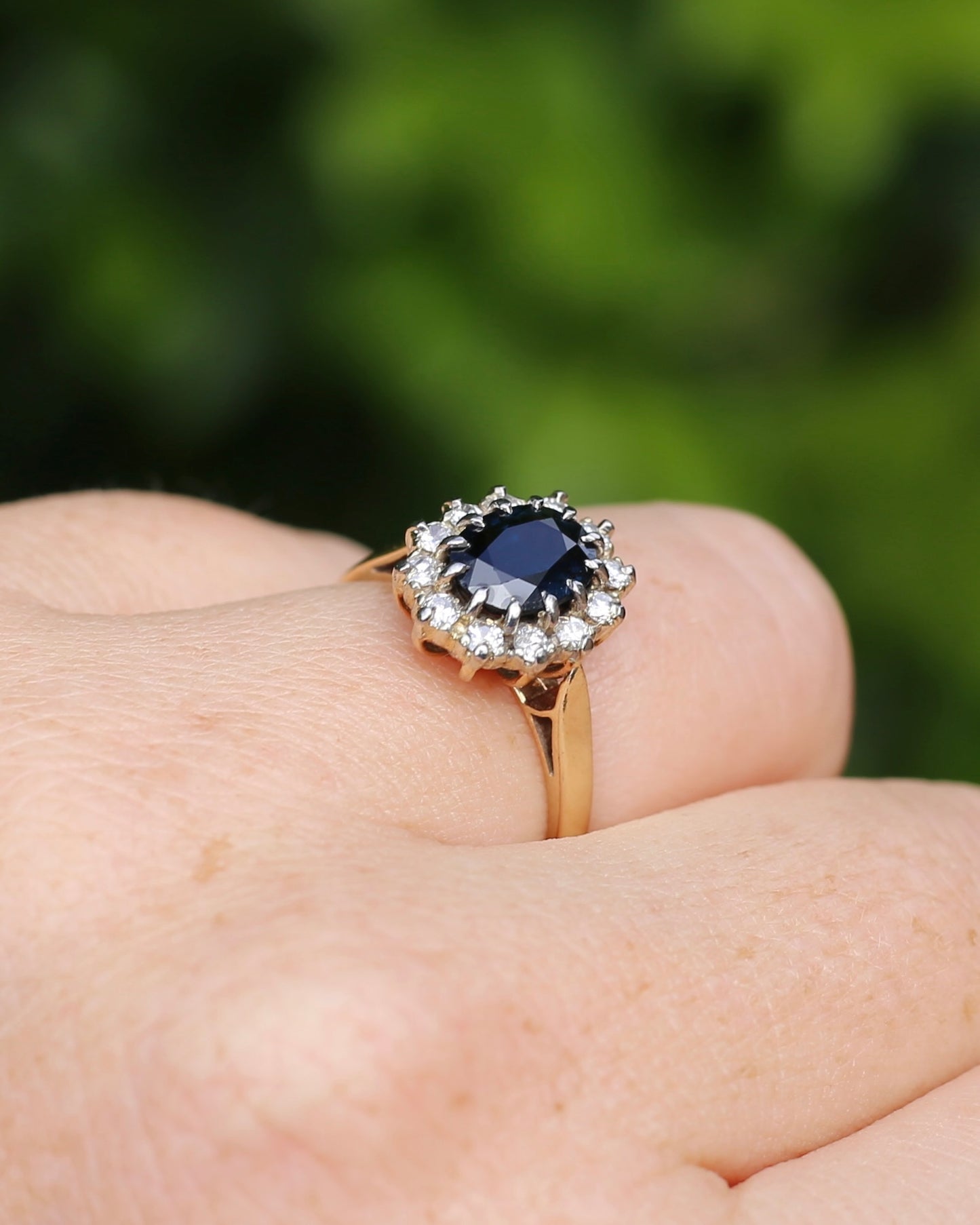 Vintage Natural Sapphire and Diamond Halo, 9ct Yellow and White Gold, size N1/2 or 7