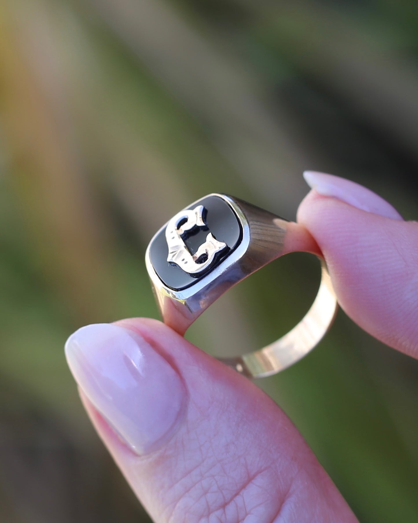 Vintage "C" Onyx Signet Ring, Bezel Set, Older Rosey Gold, size 9.5 or T