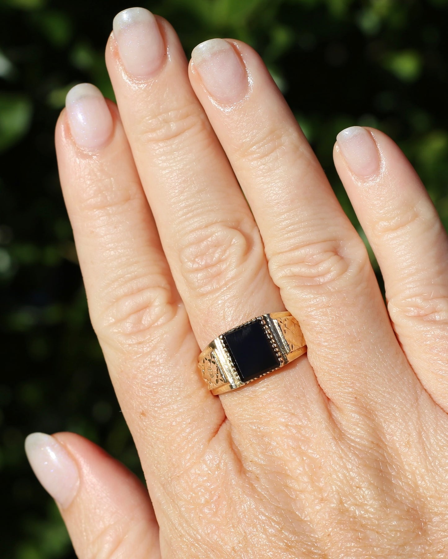 Chunky 1979 Onyx Signet with Floral Shoulders, 9ct Yellow Gold, size 10 or U